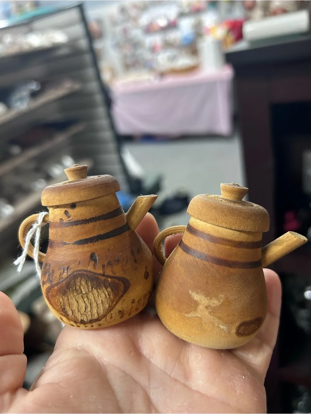 Handcrafted Wooden Mini Teapot salt and pepper shakers - Natural Brown